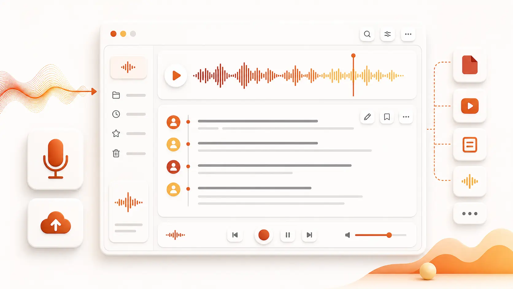 GPT Transcribe workspace showing an uploaded recording and its transcript